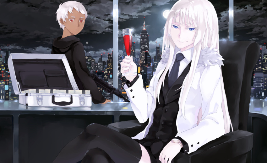 1girl, blue_eyes, crossed_legs, cup, dark_skin, gun, hao_(patinnko), highres, johnathan_mar, jormungand, koko_hekmatyar, legs_crossed, long_hair, money, red_eyes, sitting, smile, suitcase, weapon, white_hair, wine, wine_glass