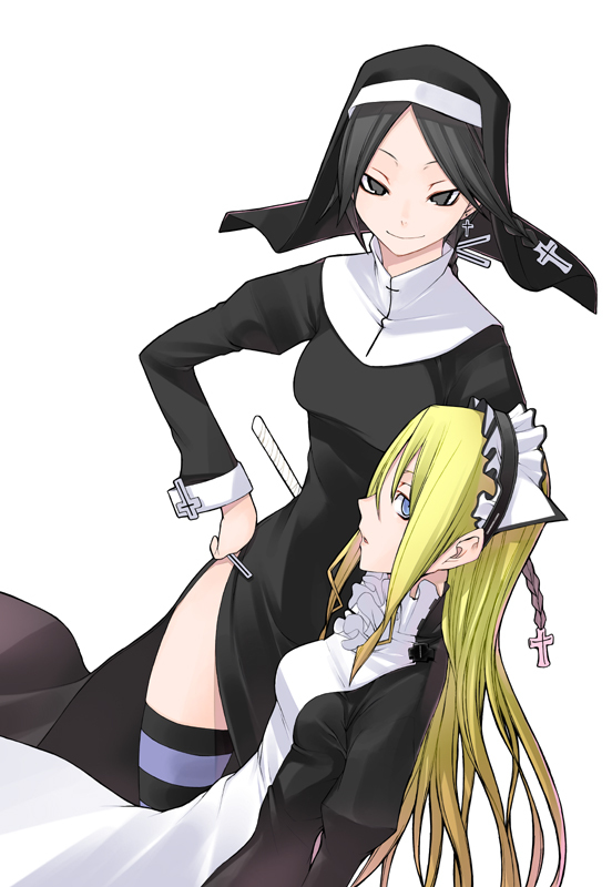 2girls, blonde_hair, braid, cross, dress, habit, long_hair, mariabell