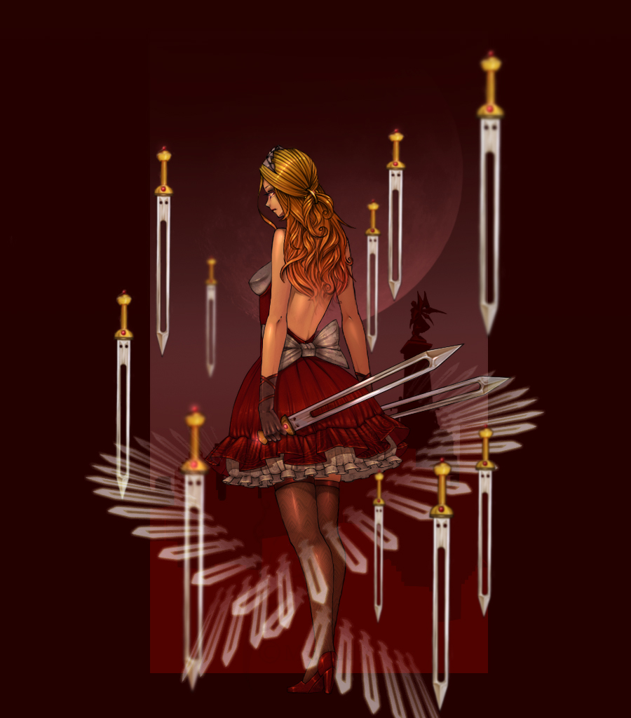 alternate_costume, alternate_hairstyle, bare_back, bare_shoulders, blonde_hair, danmaku, dark, dizmathik, dress, gloves, high_heels, maid, maid_headdress, moon, red_dress, red_moon, shoes, short_dress, solo, standing, statue, sword, thigh-highs, thighhighs, touhou, touhou_(pc-98), weapon, yumeko