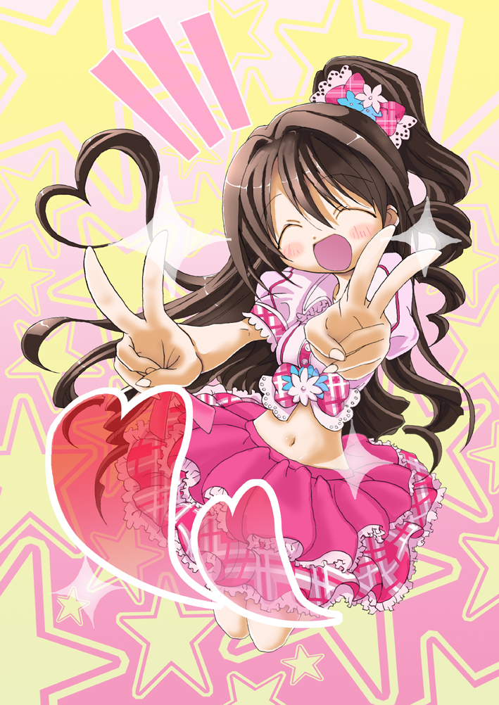 double_v, dress, frills, hair_bow, idolmaster, idolmaster_cinderella_girls, navel, shimamura_uzuki, side_ponytail, skirt, v, yas_siroglasses