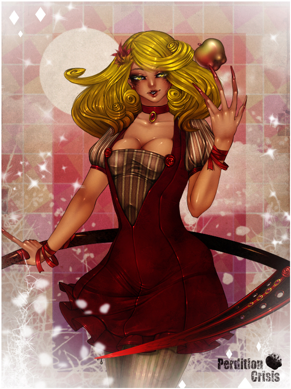 alternate_costume, apple, blonde_hair, breasts, checkered, checkered_background, choker, cleavage, curly_hair, dizmathik, dress, elly, flat_gaze, food, fruit, hair_ornament, long_fingers, no_hat, no_headwear, pantyhose, red_dress, ribbon, scythe, short_dress, short_sleeves, solo, sparkle, striped, striped_legwear, touhou, touhou_(pc-98), yellow_eyes