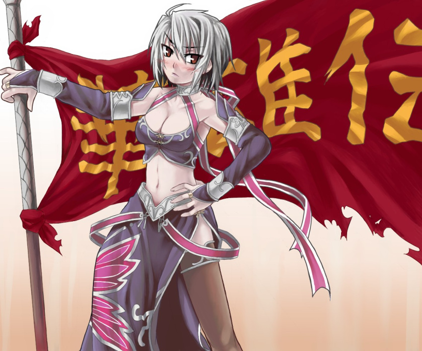 bare_shoulders, blush, breasts, bridal_gauntlets, brown_legwear, choker, cleavage, detached_sleeves