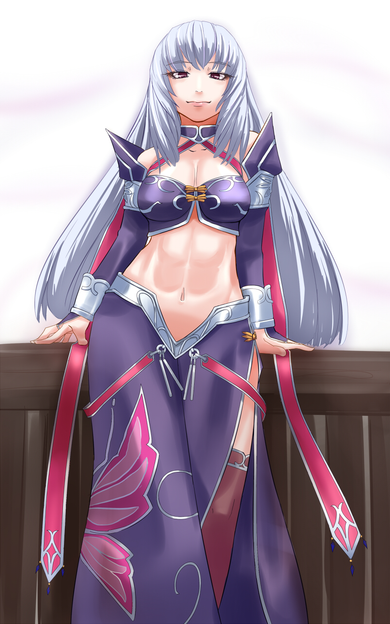 abs, against_fence, arm_support, armband, bare_shoulders, breasts, bridal_gauntlets, brown_eyes, brown_legwear, bustier, choker, cosplay, detached_sleeves, fence, highres, kayuu, koihime_musou, long_hair, long_skirt, midriff, mochi_suki, navel, rozen_maiden, side_slit, silver_hair, skirt, smile, solo, suigintou, thigh-highs, thighhighs, vambraces