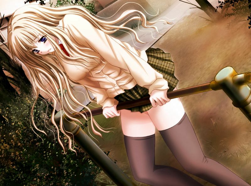 blonde_hair, blue_eyes, blush, dutch_angle, game_cg, gore_screaming_show, horizontal_bar, long_hair, misono_kiika, necktie, outdoors, school_uniform, skirt, thigh-highs, thighhighs, ueda_metawo, zettai_ryouiki