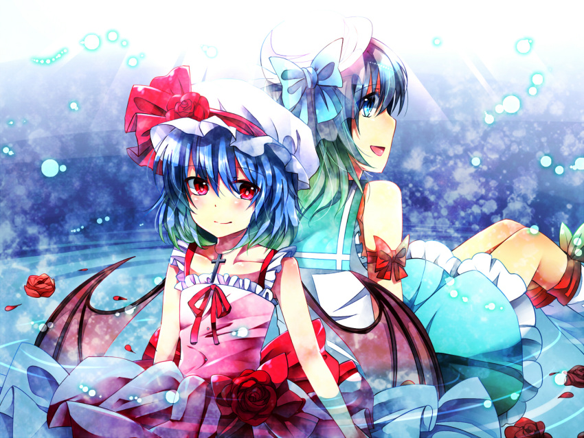 arm_ribbon, back-to-back, bat_wings, blue_dress, blue_eyes, blue_hair, blush, bow