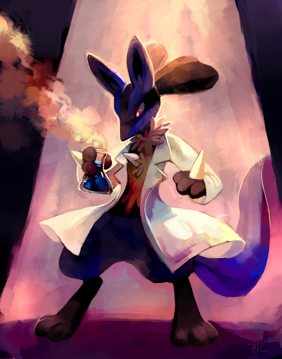 clothed_pokemon, creature, erlenmeyer_flask, evil, flask, full_body, holding, labcoat