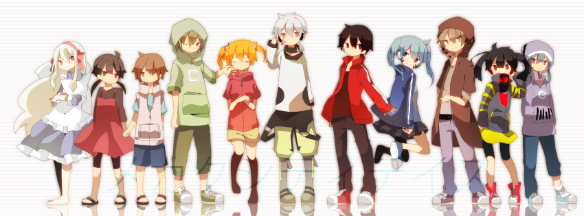 blonde_hair, creator_connection, ene_(kagerou_project), headphone_actor_(vocaloid), hibiya_(kagerou_project), highres, hiyori_(kagerou_project), jinzou_enemy_(vocaloid)