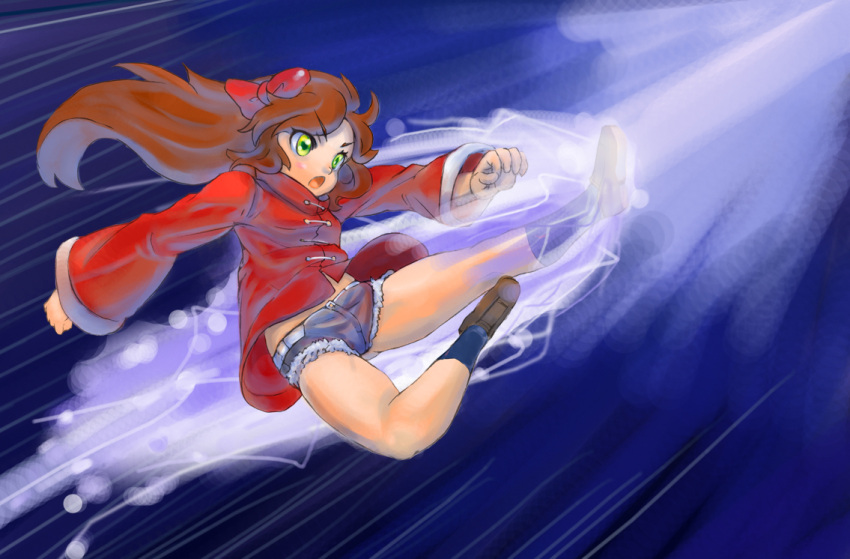 arima_miyako, bow, brown_hair, chinese_clothes, cutoffs, denim, denim_shorts, flying_kick
