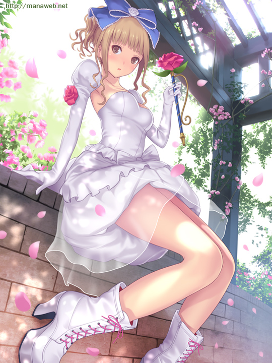 1girl, :o, bangs, blonde_hair, blunt_bangs, blush, boots, bow