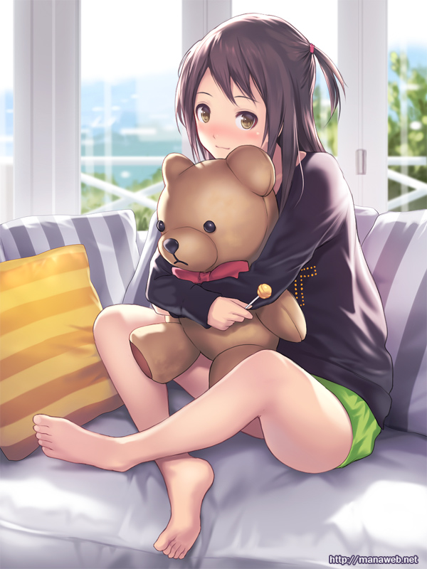 bare_legs, barefoot, blush, brown_hair, candy, couch, crossed_legs, doll_hug