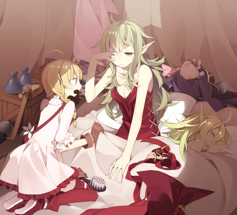adult, bare_shoulders, bed, blanket, blonde_hair, braid, breasts, character_request