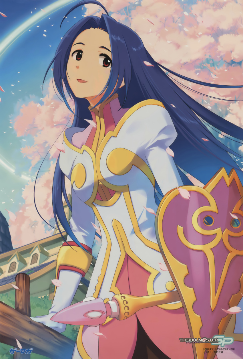 absurdres, ahoge, alternate_costume, annindoufu_(oicon), blue_hair, character_name, cherry_blossoms, company_connection, cosplay, crossover, dress, estellise_sidos_heurassein, estellise_sidos_heurassein_(cosplay), highres, idolmaster, idolmaster_cinderella_girls, idolmaster_sp, kisaragi_chihaya, long_hair, miura_azusa, namco_bandai, official_art, petals, red_eyes, scan, shield, short_hair, smile, solo, staff, tales_of_(series), tales_of_vesperia