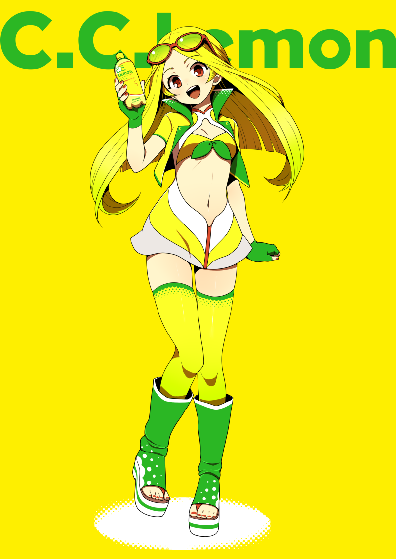 24x24, :d, blonde_hair, border, bottle, c.c._lemon, c.c._lemon_(character), center_opening, character_name, fingerless_gloves, gloves, green_gloves, holding, long_hair, midriff, navel, open_mouth, original, red_eyes, smile, solo, sunglasses, sunglasses_on_head, thigh-highs, thighhighs, yellow_background, yellow_legwear