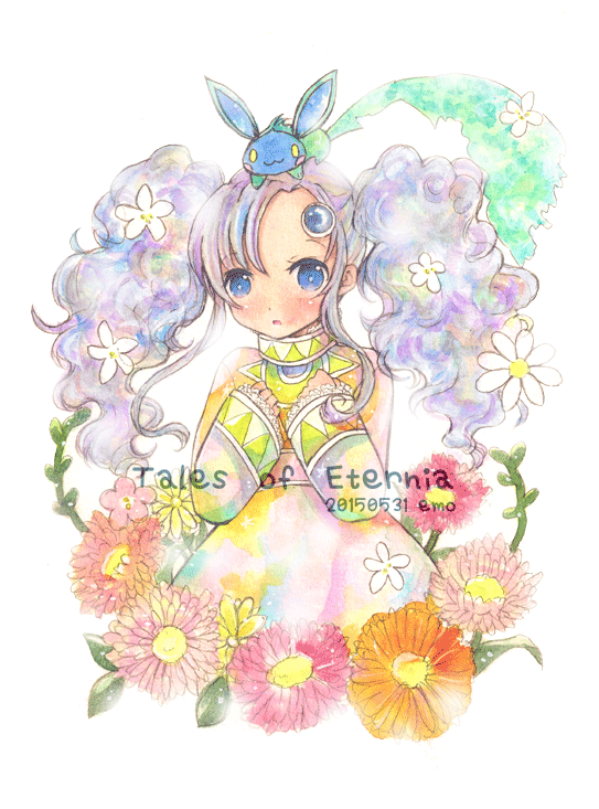 :3, blue_eyes, blush, creature, dated, dress, emo_(mikan), flower