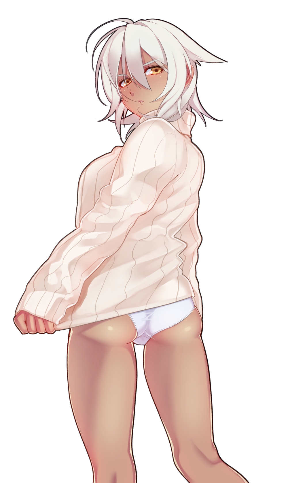 ass, bottomless, dark_skin, highres, noriyoshi, onaka_itai, orange_eyes, original