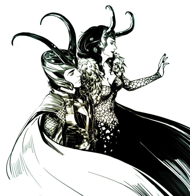1girl, breasts, cape, cleavage, dual_persona, genderswap, helmet, horns, loki_(marvel), long_hair, marvel, monochrome, reine_(artist)