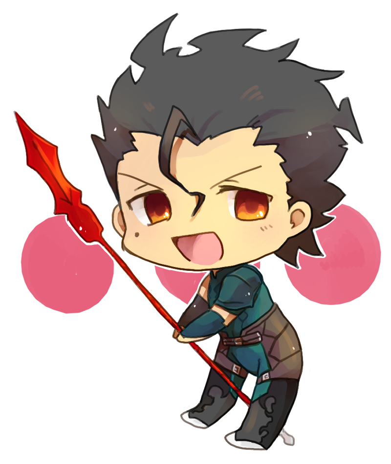 :d, ahoge, black_hair, brown_eyes, chibi, fate/zero, fate_(series), gae_dearg