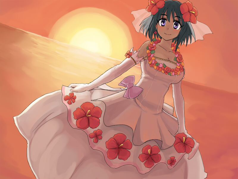 dark_skin, dress, elbow_gloves, flower, gloves, hair_flower, hair_ornament, idolmaster, idolmaster_cinderella_girls, natalia_(idolmaster), purple_eyes, samo_(samodayo), smile, sunset, violet_eyes, wedding_dress
