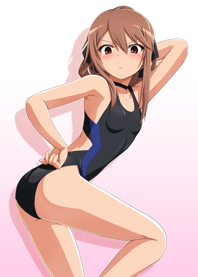 arm_up, armpits, blush, brown_eyes, brown_hair, flat_chest, hand_on_hip, long_hair