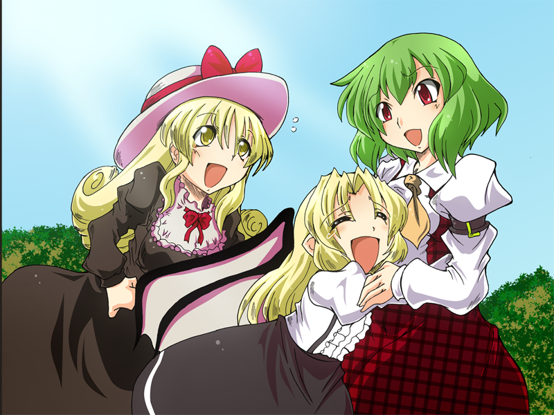 :d, arm_strap, black_dress, blonde_hair, closed_eyes, curly_hair, dress, elly, eyes_closed, green_hair, happy, hat, hug, kazami_yuuka, kurumi_(touhou), multiple_girls, ohanabatake_run, open_mouth, red_eyes, smile, tears, touhou, touhou_(pc-98), yellow_eyes, youkai