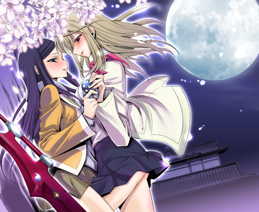 ass, between_legs, blue_hair, blush, brown_hair, east_asian_architecture, eye_contact, flower