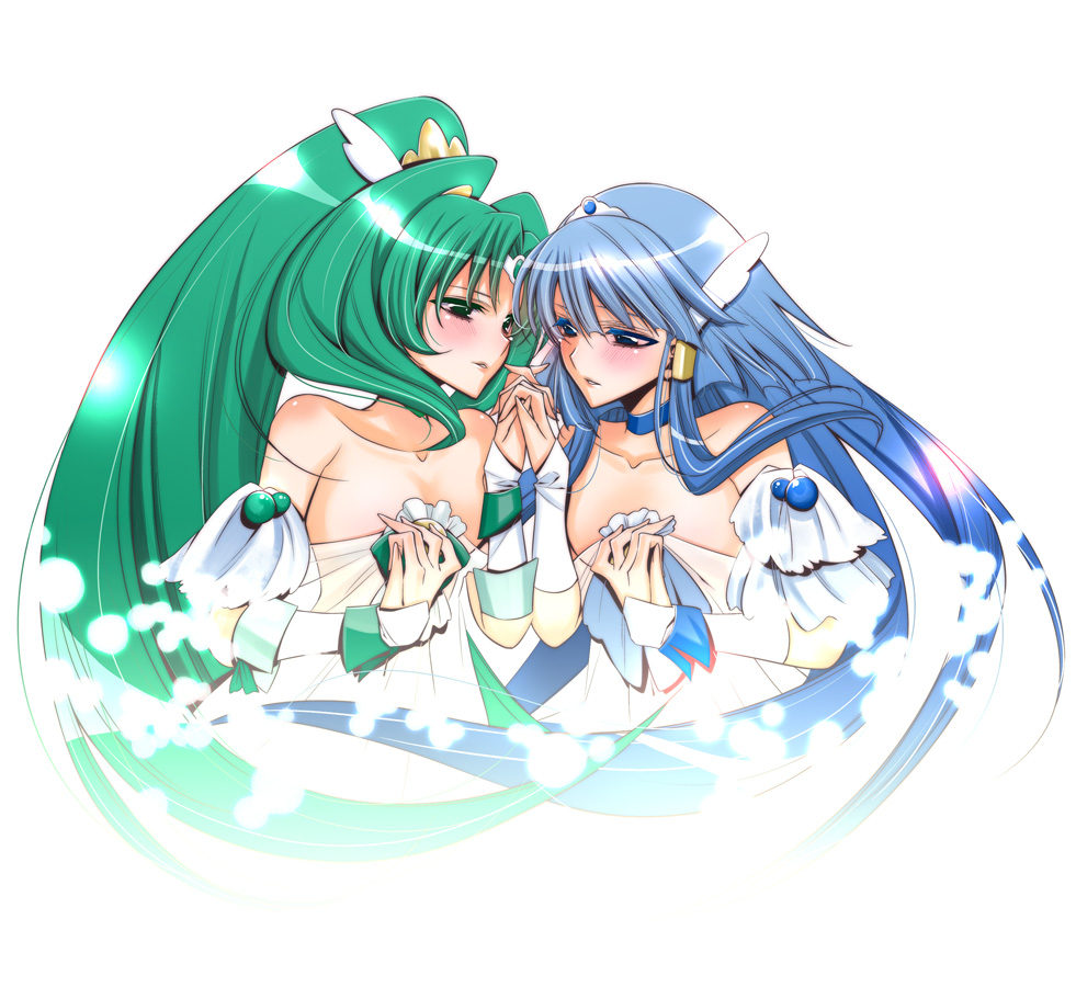 aoki_reika, bare_shoulders, blue_eyes, blue_hair, blush, cure_beauty, cure_march, eye_contact