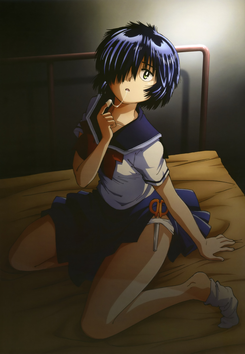 1girl, absurdres, black_hair, green_eyes, hair_over_one_eye, highres, in_panties, legs