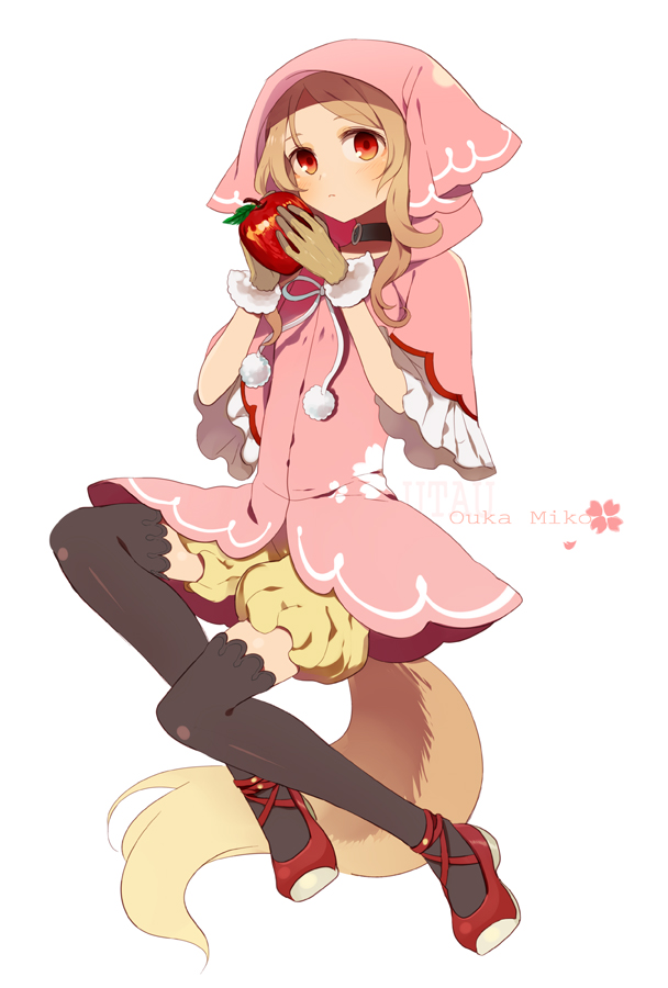apple, black_legwear, blush, brown_hair, character_name, choker, dress, food