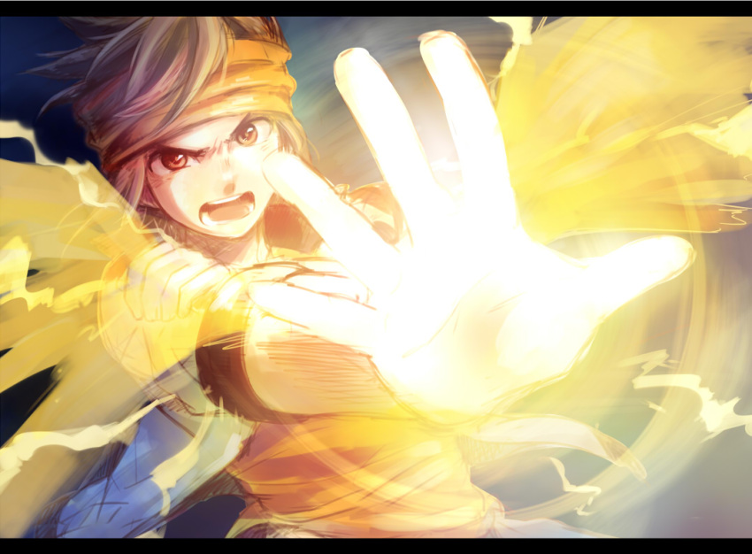 adult, brown_eyes, brown_hair, endou_mamoru, god_hand_v, hands, headband, inazuma_eleven