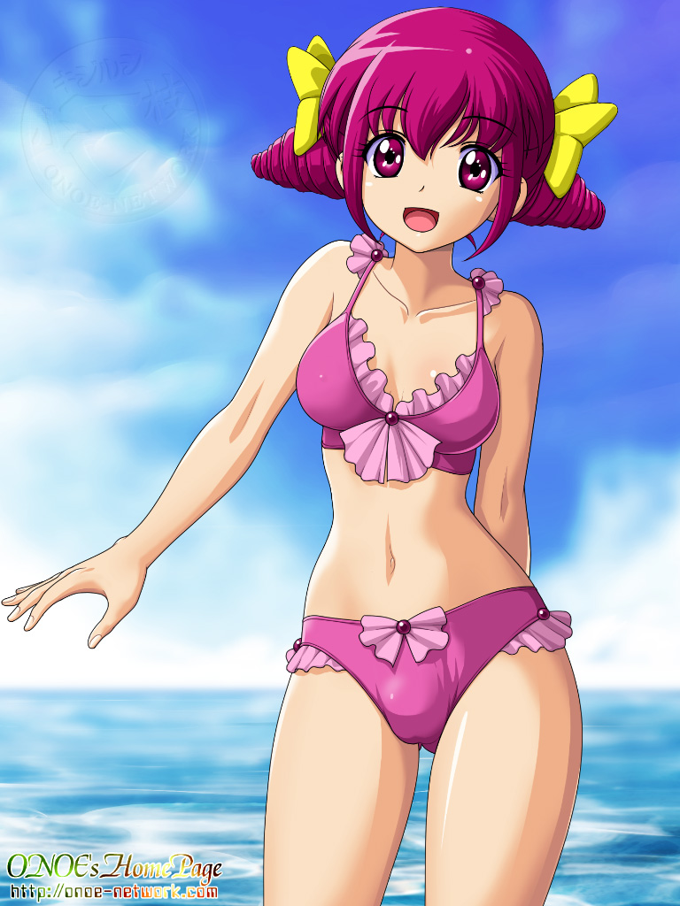 bikini, drill_hair, hoshizora_miyuki, navel, onoe, pink_eyes, pink_hair, precure, smile_precure!, solo, swimsuit, twintails