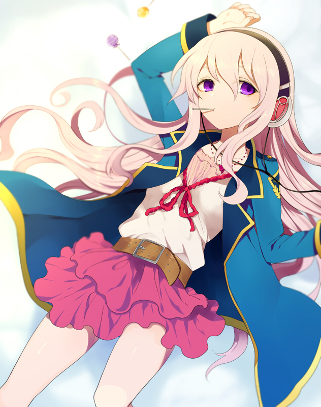 belt, candy, harano, headphones, lollipop, long_hair, lying, mouth_hold, on_back, pink_hair, purple_eyes, skirt, solo, tantei_opera_milky_holmes, tooyama_saku, violet_eyes