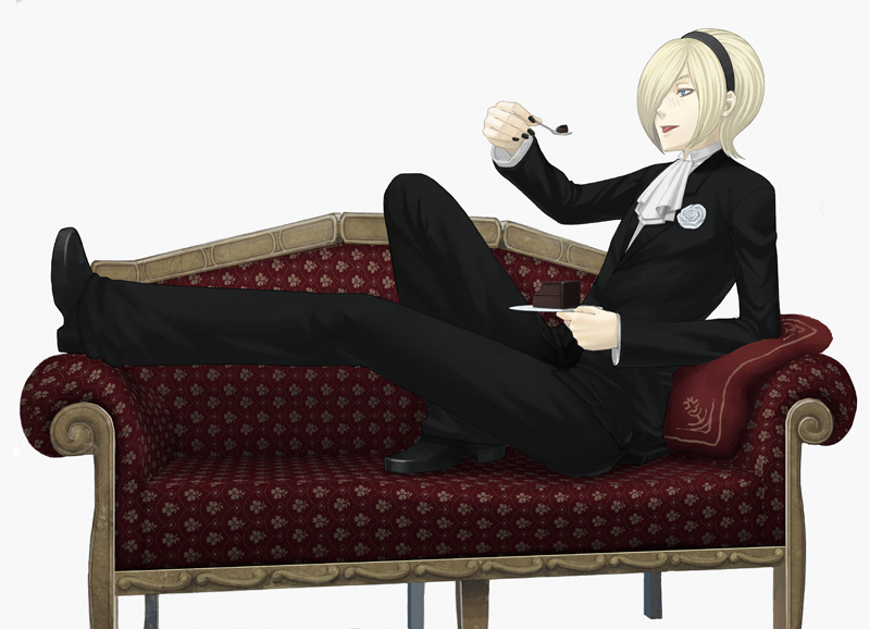 androgynous, ash_crimson, blonde_hair, blue_eyes, cake, couch, fingernails, food