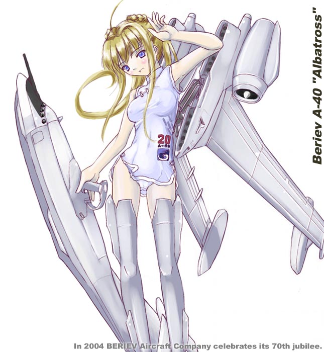 1girl, ahoge, airplane, armpits, beriev_a-40, blonde_hair, blue_eyes, character_name, china_dress, chinese_clothes, flying_boat, jet, jet_engine, long_hair, mecha_musume, military, original, panties, short_dress, simple_background, solo, soviet, underwear, white_background