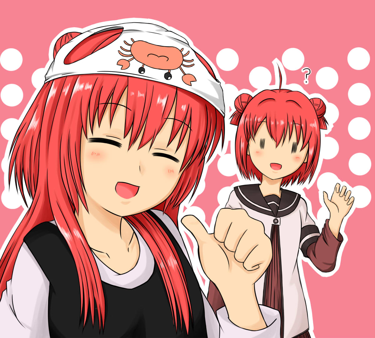:d, ?, ^_^, ahoge, akaza_akane, akaza_akari, closed_eyes, collarbone, crab, crab_panties, crab_print, double_bun, eyes_closed, hair_bun, hair_intakes, mochimotchi, multiple_girls, object_on_head, open_mouth, panties, panties_on_head, print_panties, red_hair, redhead, school_uniform, serafuku, siblings, sisters, smile, thumbs_up, underwear, yuru_yuri, ||_||