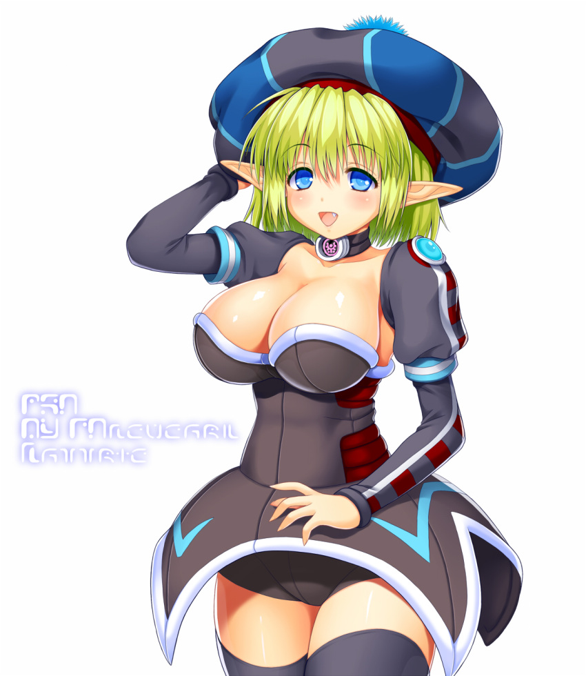 :d, asamura_hiori, black_legwear, blonde_hair, blue_eyes, breasts, character_request, choker, cleavage, detached_sleeves, fang, fonewearl, hat, highres, large_breasts, long_pointy_ears, long_sleeves, looking_at_viewer, open_mouth, phantasy_star, phantasy_star_online, phantasy_star_online_font, pointy_ears, puffy_sleeves, smile, thigh-highs, thighhighs, white_background, zettai_ryouiki
