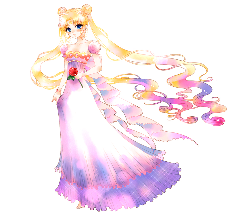 bare_shoulders, bishoujo_senshi_sailor_moon, blonde_hair, blue_eyes, crescent, double_bun, dress, facial_mark