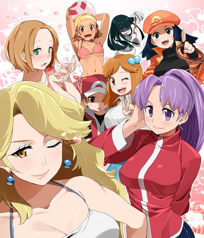 agemono, aroma_lady_(pokemon), ball, baseball_cap, beachball, beauty_(pokemon), bikini, black_hair, blonde_hair, blue_eyes, brown_eyes, brown_hair, channeler_(pokemon), character_request, earrings, green_eyes, hair_bobbles, hair_ornament, hat, jewelry, lass_(pokemon), navel, open_mouth, petals, pkmn_ranger_(pokemon), pokemon, pokemon_(game), pokemon_frlg, ponytail, purple_eyes, purple_hair, red_(pokemon), red_(pokemon)_(remake), ribbed_sweater, sweater, swim_cap, swimmer_(pokemon), swimsuit, v, violet_eyes, whip, wink, yellow_eyes