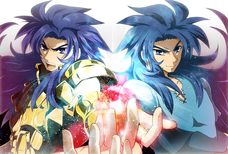 armor, blue_eyes, blue_hair, cimeri, full_armor, gemini_kanon, gemini_saga, long_hair