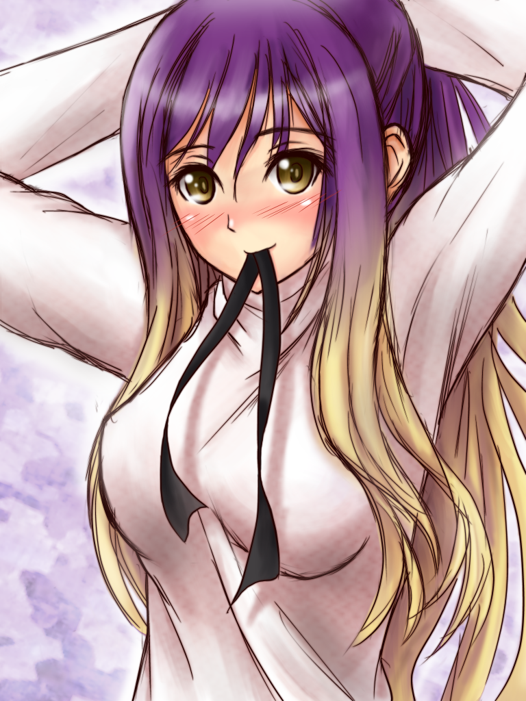 alternate_costume, arms_up, blonde_hair, blush, bust, gradient_hair, hijiri_byakuren, hozenkakari