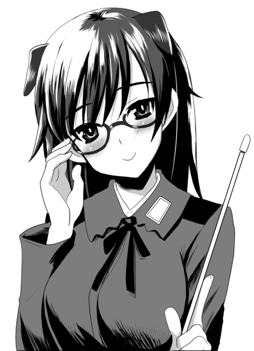 adjusting_glasses, baton, bespectacled, blush, gertrud_barkhorn, glasses, hair_down, johanna_wiese
