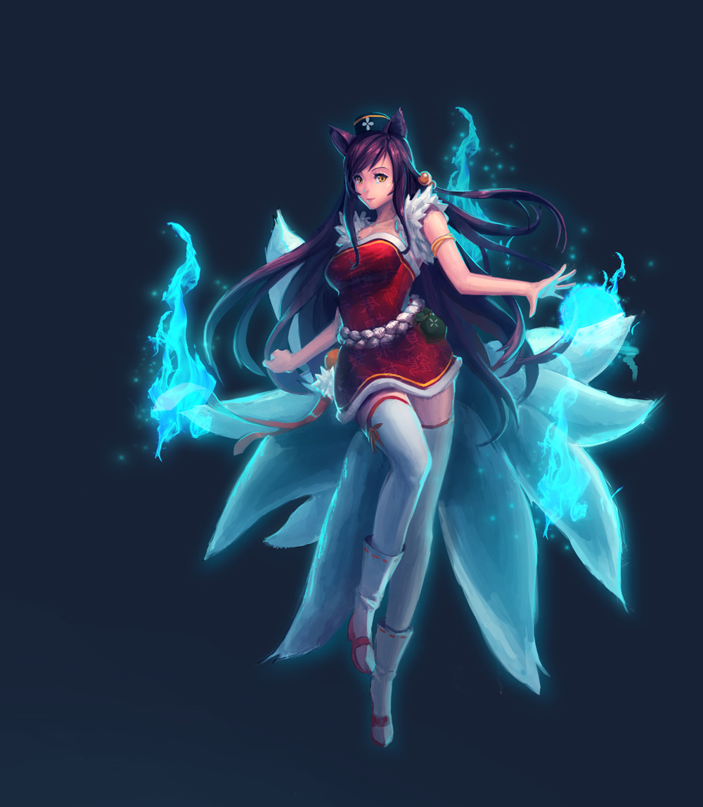 ahri, animal_ears, black_hair, boots, fire, fox_ears, fox_tail, foxtail, hat, league_of_legends, long_hair, multiple_tails, sash, solo, tail, thigh-highs, thighhighs, yellow_eyes