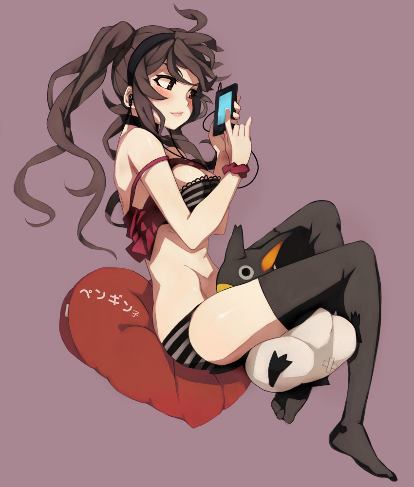 bare_shoulders, bird, black_legwear, bra, breasts, brown_hair, cellphone, copyright_request