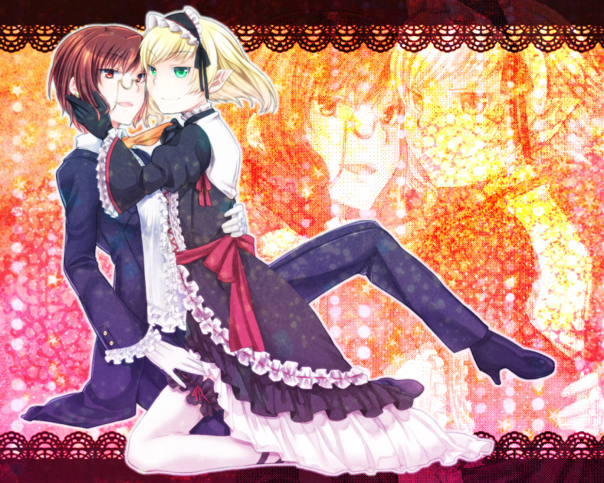1girl, aozaki_touko, apron, blonde_hair, crossdressinging, earrings, formal, frills