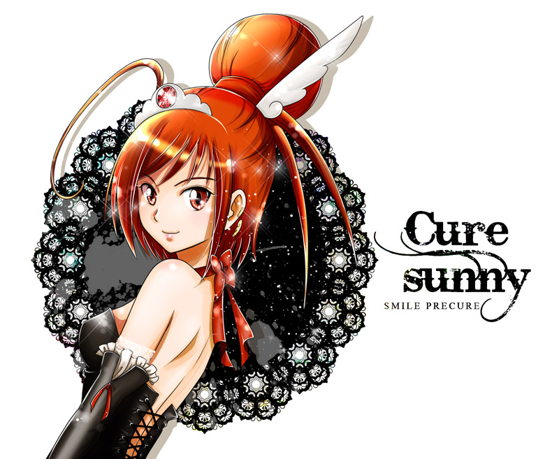alternate_costume, character_name, choker, cure_sunny, hair_bun, hino_akane, orange_eyes, orange_hair, precure, sakurako_shinya, short_hair, smile, smile_precure!, solo, title_drop