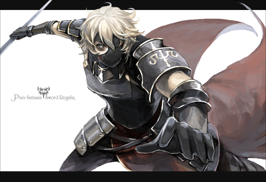 armor, cape, elbow_gloves, gloves, grey_eyes, highres, letterboxed, looking_at_viewer