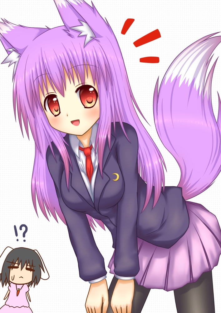 2girls, animal_ears, between_breasts, blush, breasts, bunny_ears, carrot, fox_ears, fox_tail, hestia, inaba_tewi, jewelry, kemonomimi_mode, lavender_hair, leaning_forward, looking_at_viewer, multiple_girls, necklace, necktie, pantyhose, pleated_skirt, pun, red_eyes, reisen_udongein_inaba, skirt, smile, tail, touhou