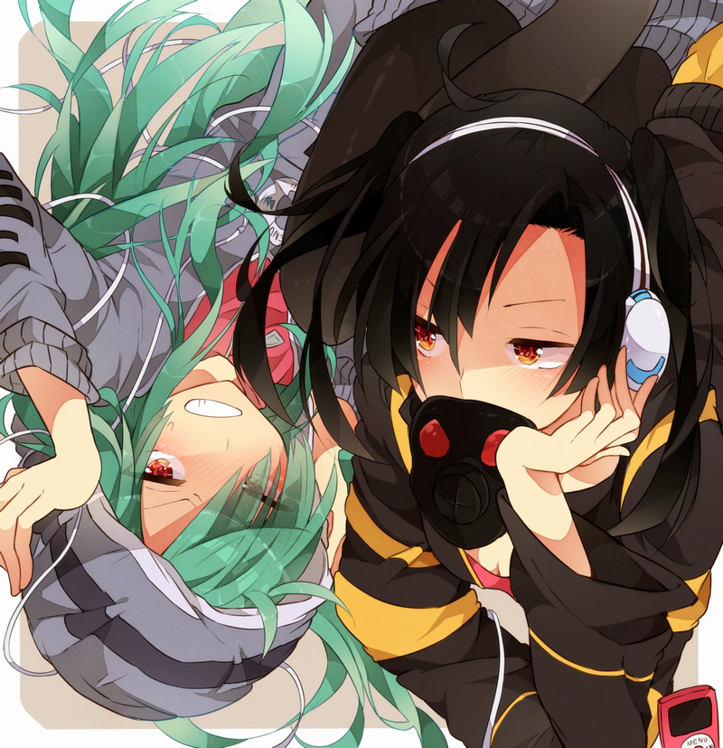 creator_connection, ene_(kagerou_project), gas_mask, green_hair, grin, hand_on_headphones, headphone_actor_(vocaloid), headphones