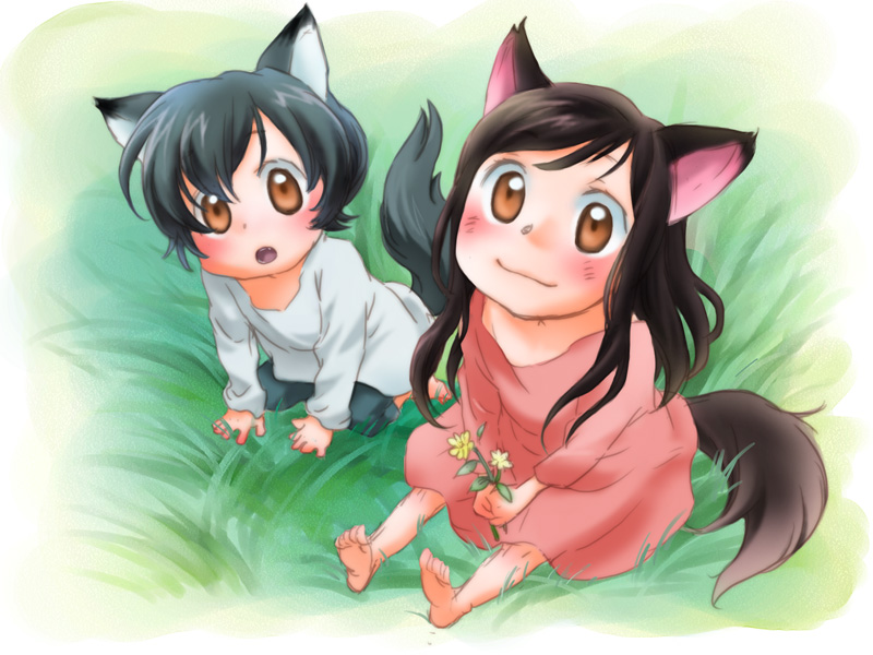 animal_ears, barefoot, brown_eyes, flower, grass, nawoko, ookami_kodomo_no_ame_to_yuki, open_mouth