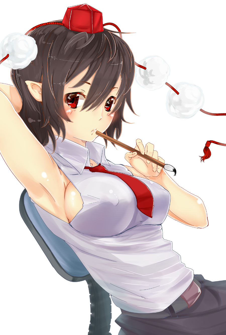 arm_behind_head, arm_up, armpits, belt, black_hair, breasts, bust, calligraphy_brush, chair, dango_ya, hat, highres, necktie, paintbrush, pointy_ears, red_eyes, shameimaru_aya, short_hair, sideboob, simple_background, sleeveless, solo, tokin_hat, touhou, white_background