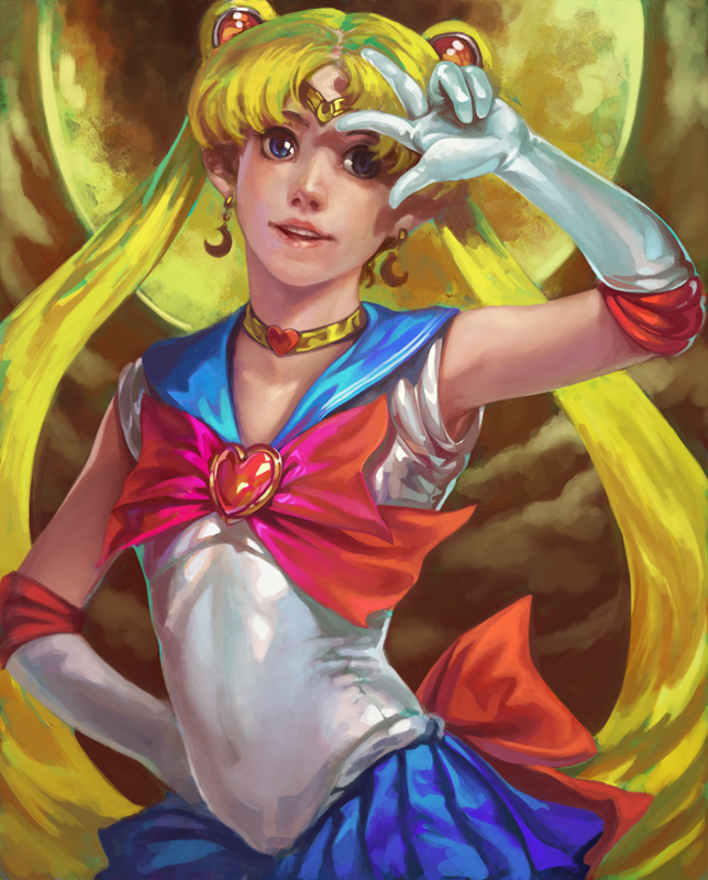 bishoujo_senshi_sailor_moon, blonde_hair, blue_eyes, bow, brooch, choker, cloud, clouds